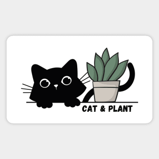 Cute black kitten and green plant - cat & plant Magnet